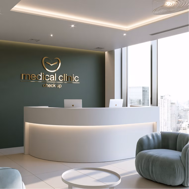 Modern dental clinic reception desk with a plush green lounge chair